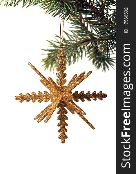 Decorative gold snowflake on a fur-tree branch