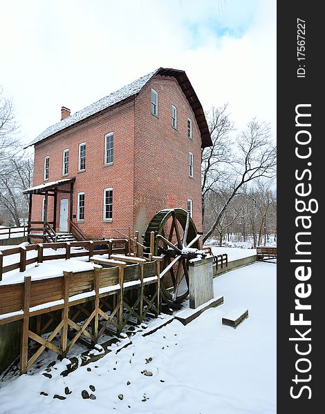 John Wood Grist Mill in December after Snowfall