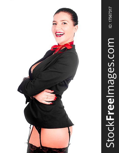 A beautiful sexy gril in a black anderwear with a red bow on her neck (isolated on white). A beautiful sexy gril in a black anderwear with a red bow on her neck (isolated on white)