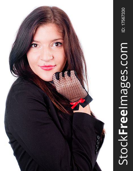 A beautiful gril in a black anderwear with a red bow on her neck (isolated on white). A beautiful gril in a black anderwear with a red bow on her neck (isolated on white)