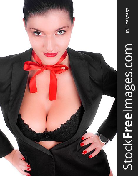 A beautiful gril in a black anderwear with a red bow on her neck (isolated on white). A beautiful gril in a black anderwear with a red bow on her neck (isolated on white)