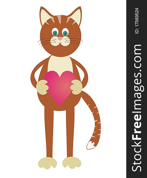 Red striped cat with heart on a white background