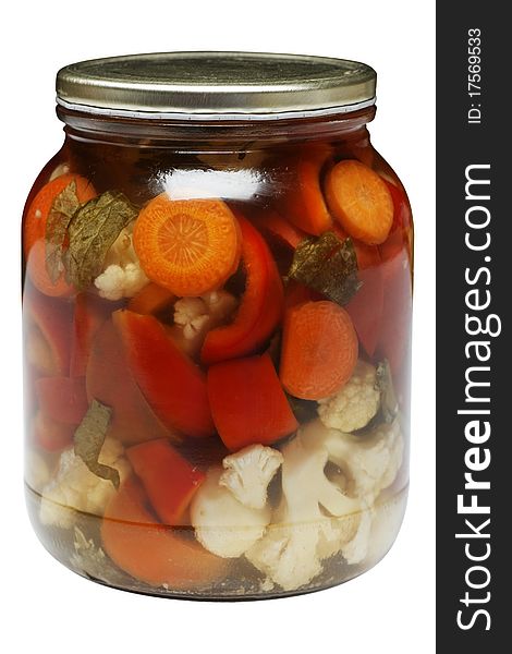 Glass Jar Of Carrot, Peper, And Cauliflower Mix.