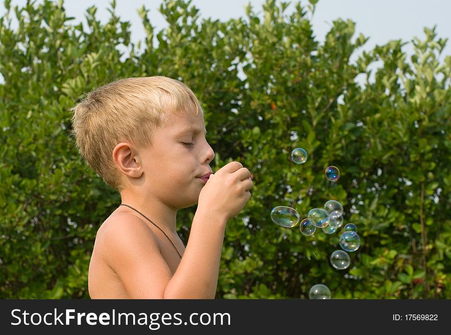 Boy blows bubbles in the garden on a summer day. Boy blows bubbles in the garden on a summer day.