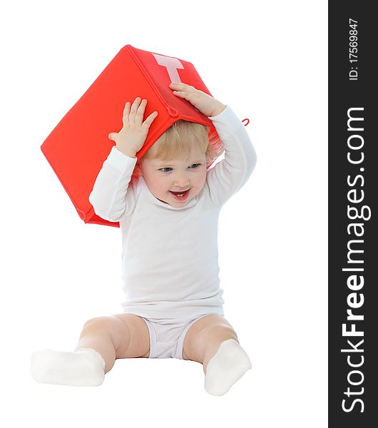 1 year old baby with red box isolated on white