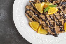Belgian Chocolate Waffles With Chocolate Syrup Stock Image