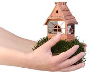 Clay House On Moss In Hands Stock Image Clay House On Moss In Hands Stock Image