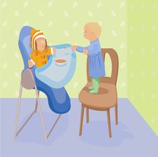 Child Feeds A Doll In Highchair Stock Image Child Feeds A Doll In Highchair Stock Image