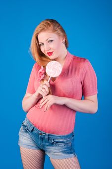 Beautiful Retro Pin Up Girl With Big Lollipop Royalty Free Stock Photo