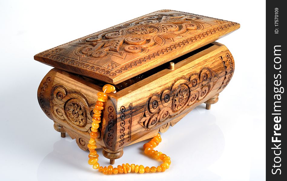 Wooden Box And Amber Beads