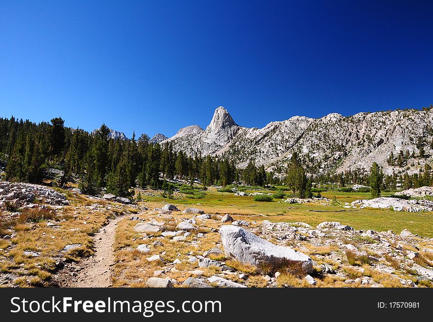 Meadow against mountain wall