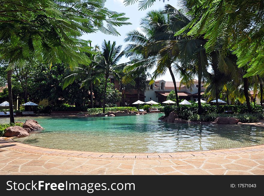 Exterior of luxury hotel, picture taken during the sunny day, Goa, India.