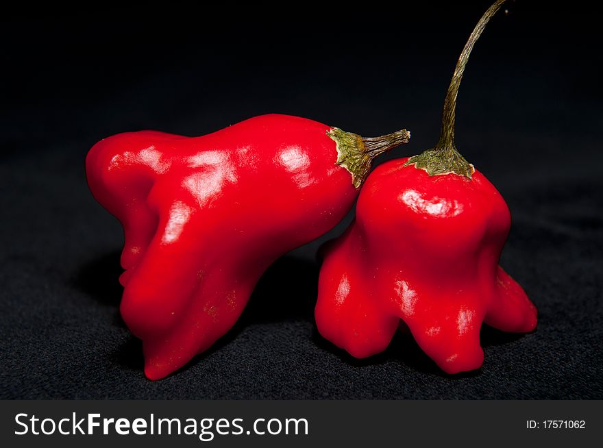 Red hot chilli peppers isolated on a black background.