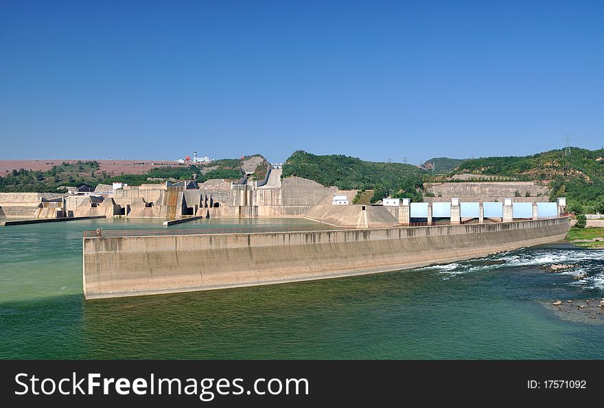 Water electricity plant on yellow river in China, as big construction made by concrete built beside yellow river. Water electricity plant on yellow river in China, as big construction made by concrete built beside yellow river.