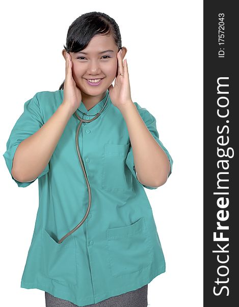 A Doctor wearing scrub isolated over white background. A Doctor wearing scrub isolated over white background