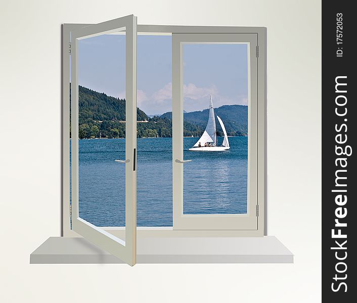 Window to boat sailling along shore