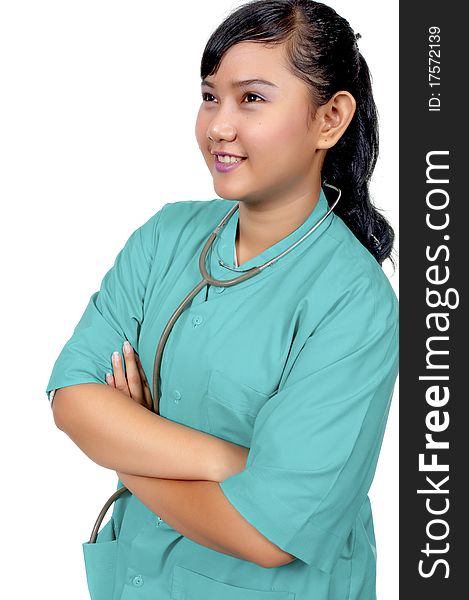 A Doctor wearing scrub isolated over white background. A Doctor wearing scrub isolated over white background