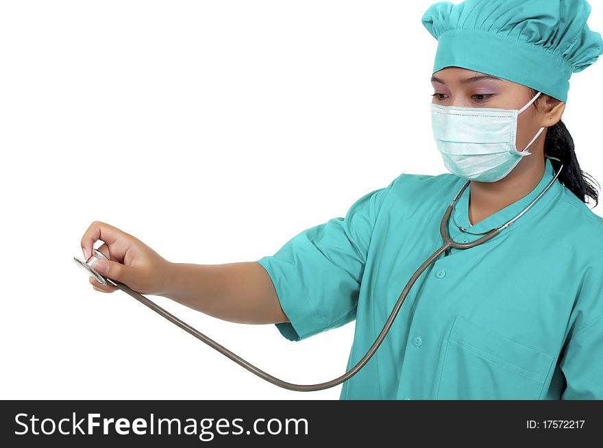 A Doctor wearing scrub and hold stethoscope isolated over white background. A Doctor wearing scrub and hold stethoscope isolated over white background