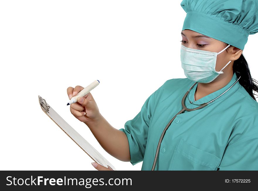 A Doctor wearing scrub hold paperboard isolated over white background. A Doctor wearing scrub hold paperboard isolated over white background