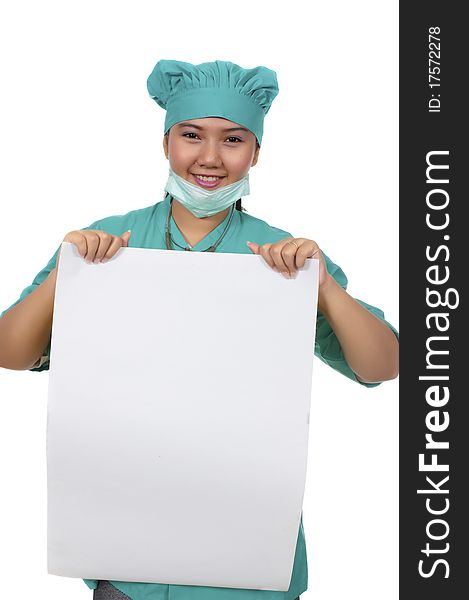 A Doctor wearing scrub and hold paper isolated over white background. You can put your copy ad in this paper. A Doctor wearing scrub and hold paper isolated over white background. You can put your copy ad in this paper