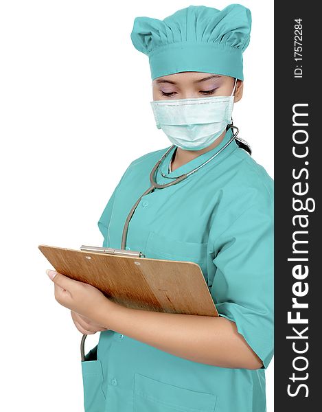 A Doctor wearing scrub and hold paperboard isolated over white background. A Doctor wearing scrub and hold paperboard isolated over white background