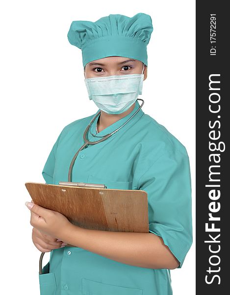 A Doctor wearing scrub and hold paperboard isolated over white background. A Doctor wearing scrub and hold paperboard isolated over white background