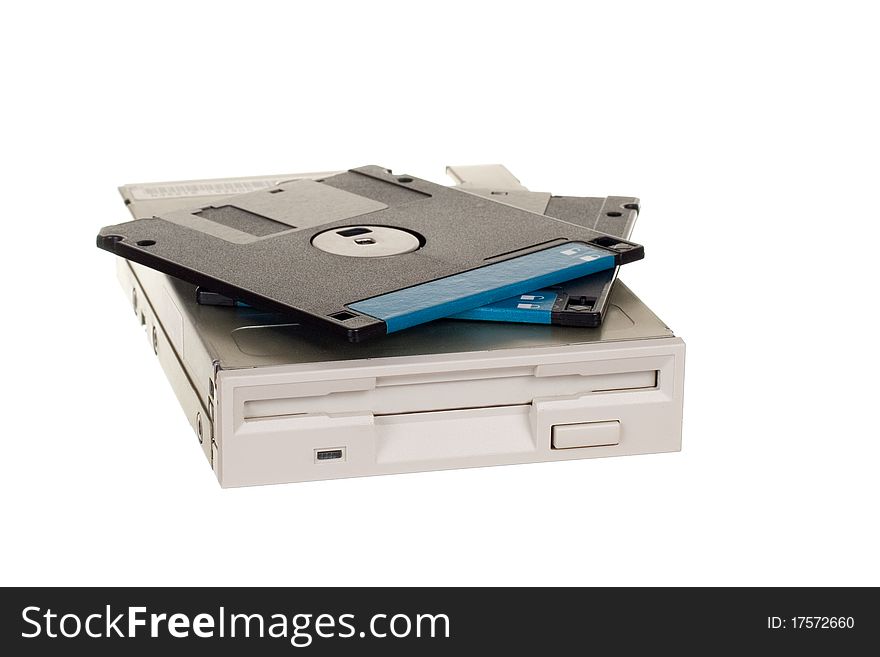 Floppy disk drive with diskettes isolated over white