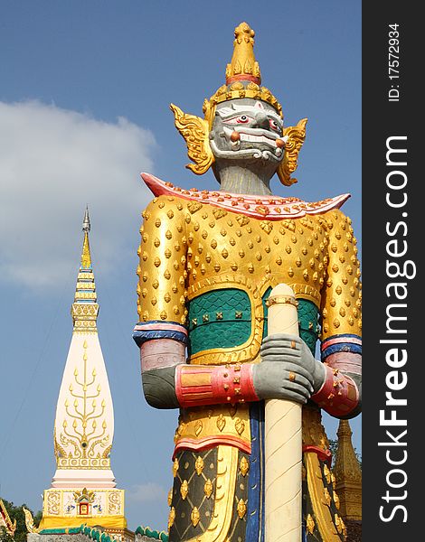 Chedi guard at Phra That Satja in Chiang Khan Thailand