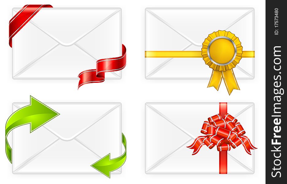 Letter envelopes with bow, ribbon and arrow, vector illustration