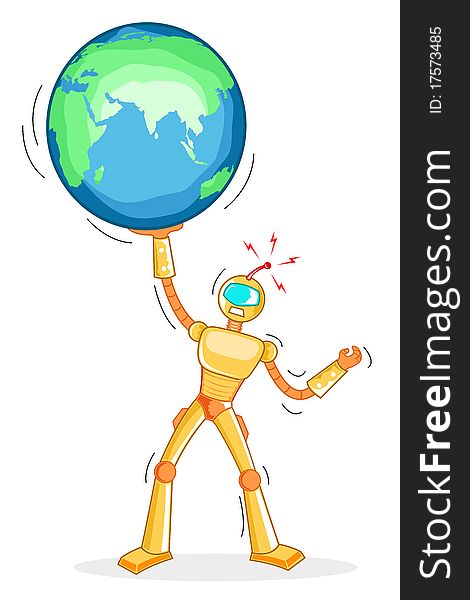 Illustration of robot holding globe on white background