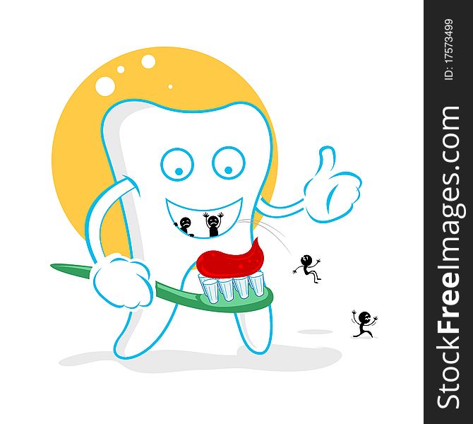 Illustration of happy dent with germs on white background