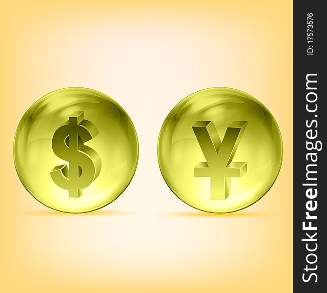 Illustration of transparent dollar and yen balls