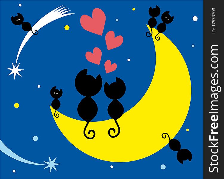 Two cats in love sitting on the moon and kittens. Two cats in love sitting on the moon and kittens