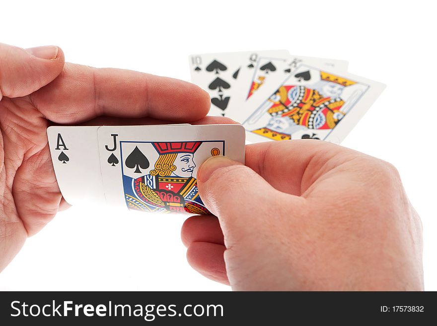 Poker, player hold lucky cards against white background