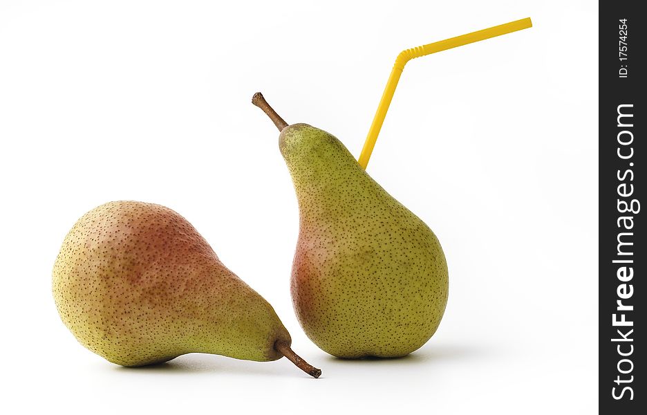 Two pears, one with a straw yellow