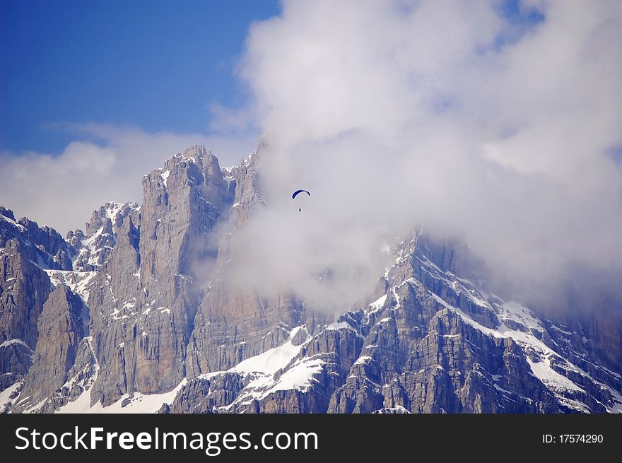 View to glacier with paraglider