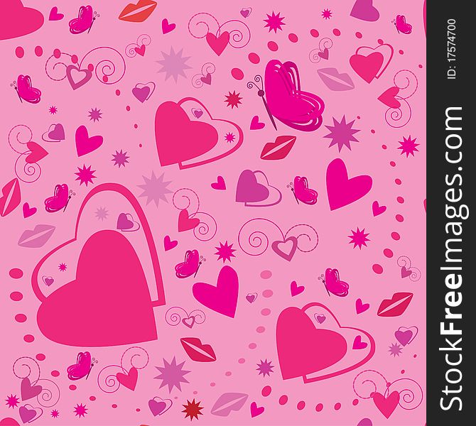 Valentines seamless pattern with pink hearts and lips. Valentines seamless pattern with pink hearts and lips