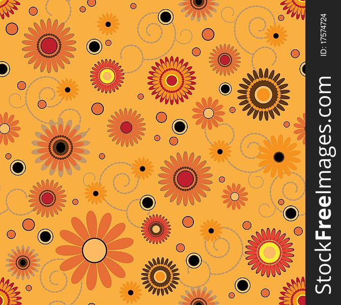 Seamless pattern with colorful flowers on orange background