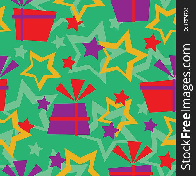 Repeated background with gifts and stars on green