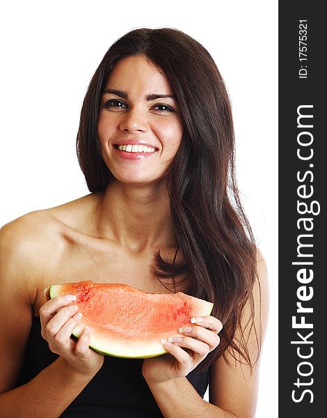 Woman hold watermelon in hands isolated on white. Woman hold watermelon in hands isolated on white