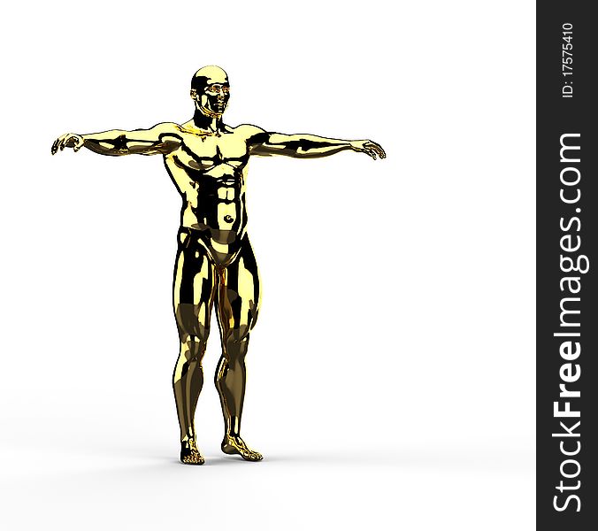 A golden man setting on T pose isolated on white