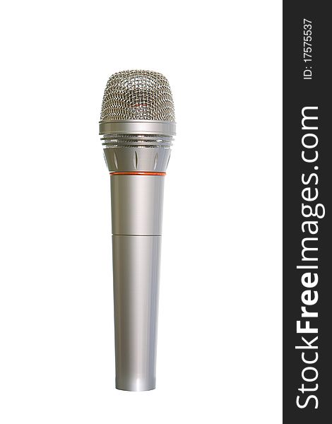 Microphone of silvery color on a white background for singing and music