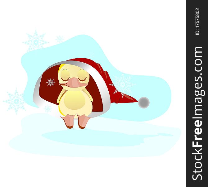 Frozen duckling sleeps in a hat. Santa Claus hat.