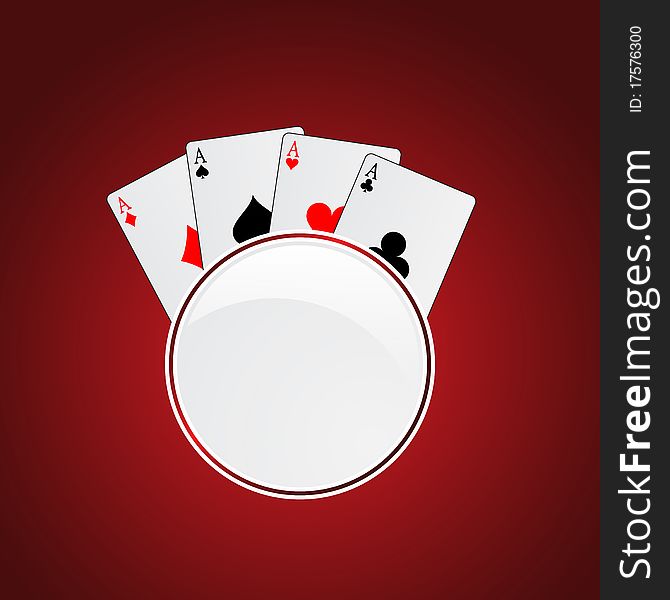Four aces card behind a circle icon on re background. Four aces card behind a circle icon on re background