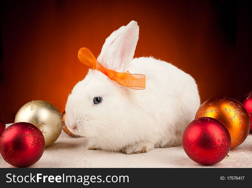 White new year rabbit with the christmas-tree decorations on orange background. White new year rabbit with the christmas-tree decorations on orange background
