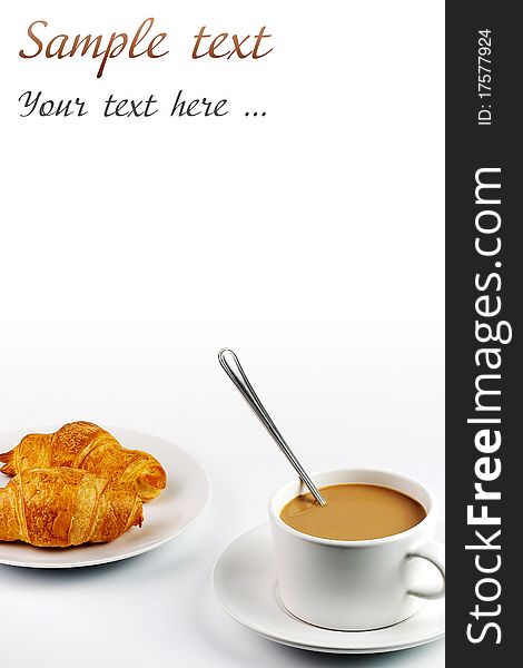 White coffee mug and croissants on plate with text