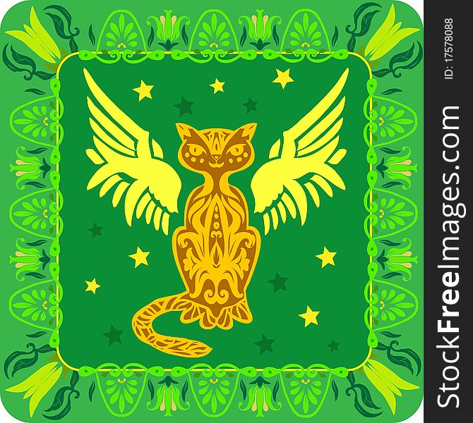 Star cat in an green ethnic ornament. Star cat in an green ethnic ornament