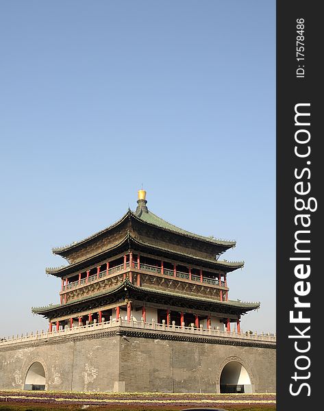 Landscape of the famous historical Bell Tower in the downtown of Xian, China. . Landscape of the famous historical Bell Tower in the downtown of Xian, China.