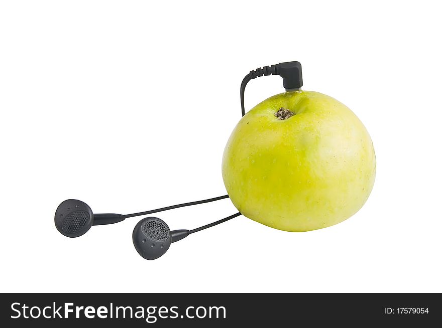 Apple and headphones isolated on white