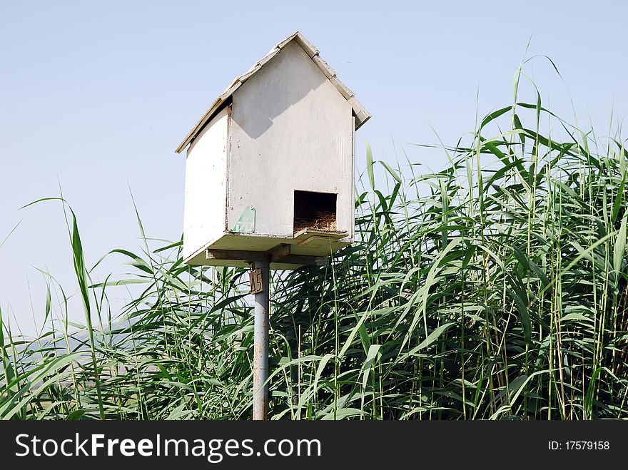 Bird house white on a background of brown mountains